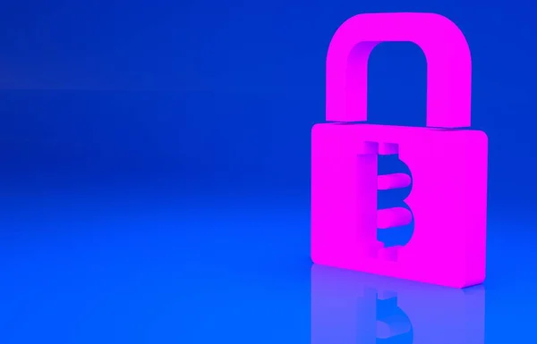 Розовый замок с иконкой биткойна на синем фоне. Добыча криптовалют, технология блокчейна, безопасность, защита, цифровые деньги. Концепция минимализма. 3d иллюстрация. 3D рендеринг — стоковое фото