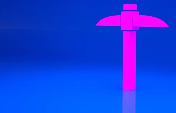 Ícone rosa Pickaxe isolado no fundo azul. Tecnologia Blockchain, mineração criptomoeda, bitcoin, mercado monetário digital, carteira cryptocoin. Conceito de minimalismo. Ilustração 3d. Renderização 3D — Fotografia de Stock