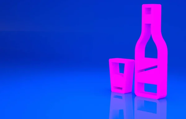 粉红色的伏特加酒瓶，玻璃杯图标与蓝色背景隔离。最低纲领的概念。3D例证。3D渲染 — 图库照片