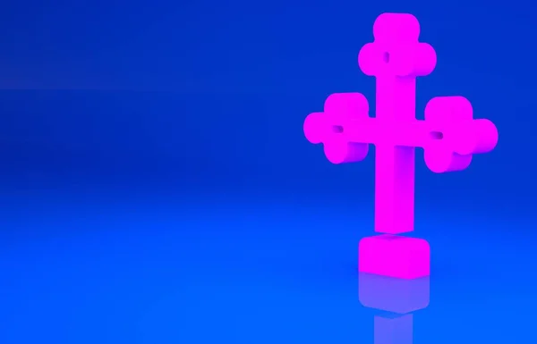 Icono de cruz cristiana rosa aislado sobre fondo azul. Cruz de iglesia. Concepto minimalista. Ilustración 3d. Renderizado 3D — Foto de Stock