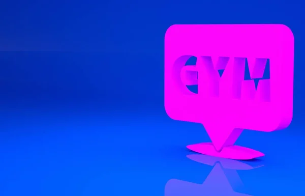 ピンクの位置ジムアイコンは青の背景に隔離されています。最小限の概念。3Dイラスト。3Dレンダリング — ストック写真