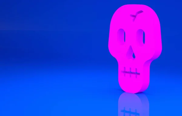 Ícone de crânio rosa isolado no fundo azul. Feliz festa de Halloween. Conceito de minimalismo. Ilustração 3d. Renderização 3D — Fotografia de Stock