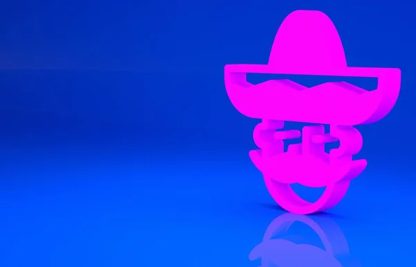 Hombre mexicano rosa vestido con sombrero icono aislado sobre fondo azul. Hombre hispano con bigote. Concepto minimalista. Ilustración 3d. Renderizado 3D — Foto de Stock