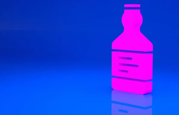Розовая иконка бутылки текилы изолированы на синем фоне. Мексиканский алкоголь. Концепция минимализма. 3d иллюстрация. 3D рендеринг — стоковое фото