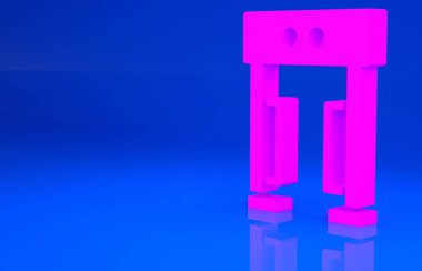 Mavi arkaplanda Pembe Metal dedektör simgesi izole edildi. Havaalanı güvenlik görevlisi metal dedektör kontrol noktasında. Minimalizm kavramı. 3 boyutlu illüstrasyon. 3 Boyutlu Hazırlama