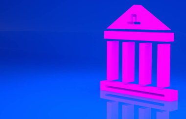 Pembe Müze binası ikonu mavi arkaplanda izole edilmiş. Minimalizm kavramı. 3 boyutlu illüstrasyon. 3 Boyutlu Hazırlama
