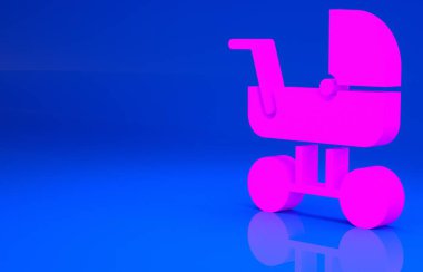Pembe Bebek puseti simgesi mavi arkaplanda izole edildi. Bebek arabası, at arabası, bebek arabası, bebek arabası, tekerlek. Minimalizm kavramı. 3 boyutlu illüstrasyon. 3 Boyutlu Hazırlama