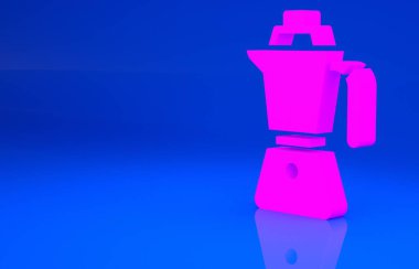 Pembe kahve makinesi moca pot ikonu mavi arka planda izole edilmiş. Minimalizm kavramı. 3 boyutlu illüstrasyon. 3 Boyutlu Hazırlama