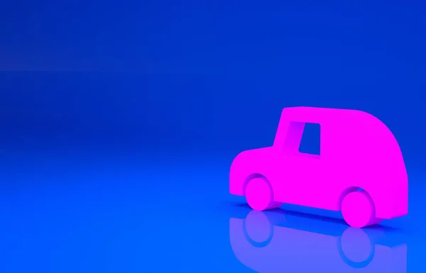 Rosa icono del coche de juguete aislado sobre fondo azul. Concepto minimalista. Ilustración 3d. Renderizado 3D — Foto de Stock