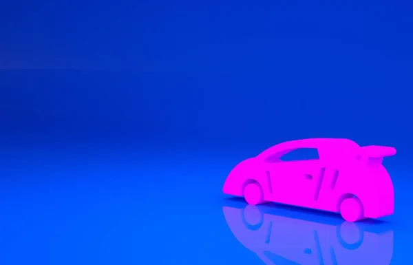 Ícone de carro de corrida Pink Sport isolado no fundo azul. Conceito de minimalismo. Ilustração 3d. Renderização 3D — Fotografia de Stock