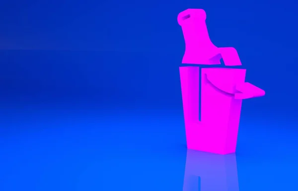Rosa Botella de vino en un icono de cubo de hielo aislado sobre fondo azul. Concepto minimalista. Ilustración 3d. Renderizado 3D — Foto de Stock