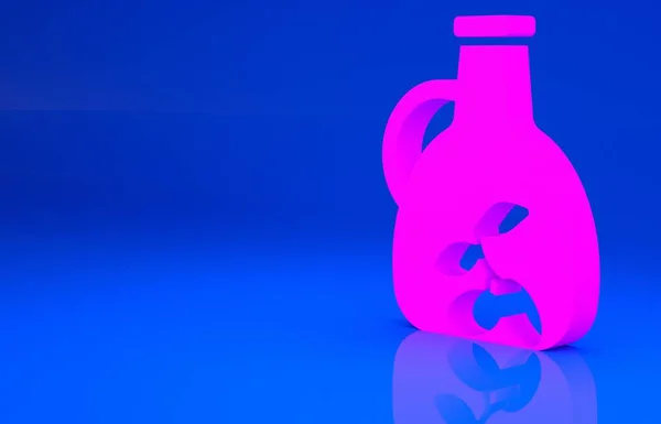 Pinkfarbene Flasche Olivenöl-Symbol auf blauem Hintergrund. Krug mit Olivenöl-Symbol vorhanden. Minimalismus-Konzept. 3D-Illustration. 3D-Renderer — Stockfoto