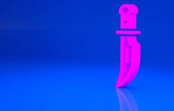 핑크 단검 아이콘은 파란 배경에 고립되어 있어. 나이프 아이콘이야. 날카로운 칼로 검을 찔러. 미니멀리즘의 개념입니다. 3d 는 다음을 가리킨다. 3D 렌더링 — 스톡 사진