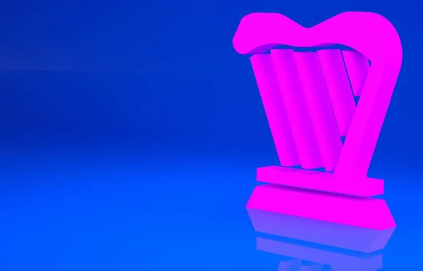 Icono de arpa rosa aislado sobre fondo azul. Instrumento de música clásica, elemento acústico de cuerda orhestra. Concepto minimalista. Ilustración 3d. Renderizado 3D — Foto de Stock