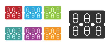 Siyah haplar beyaz arka planda izole edilmiş. İlaç paketi. Tablet, vitamin, antibiyotik, aspirin. Simgeleri renklendirin. Vektör İllüstrasyonu.