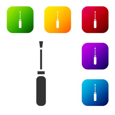 Beyaz arkaplanda siyah tornavida simgesi izole edildi. Servis aracı sembolü. Renkli kare düğmelerle simgeleri ayarla. Vektör İllüstrasyonu.