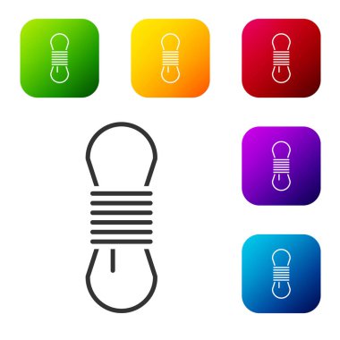 Siyah Dağcı ip simgesi beyaz arkaplanda izole edildi. Olağanüstü bir spor. Spor malzemeleri. Renkli kare düğmelerle simgeleri ayarla. Vektör İllüstrasyonu.