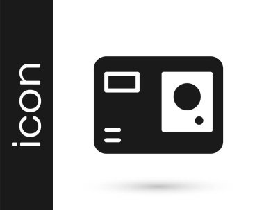 Gri Eylem ekstrem kamera simgesi beyaz arkaplanda izole edildi. Ekstrem sporları çekmek için video kamera ekipmanı. Vektör İllüstrasyonu.