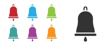 Beyaz arkaplanda siyah zil simgesi izole edildi. Alarm sembolü, servis zili, el zili işareti, uyarı sembolü. Simgeleri renklendirin. Vektör İllüstrasyonu.