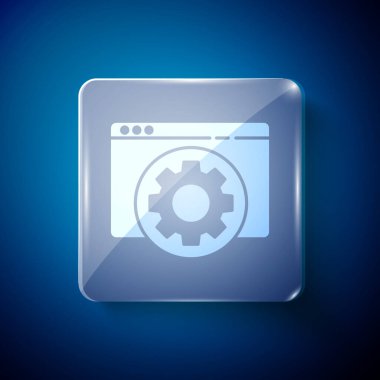 Beyaz Tarayıcı ayarı simgesi mavi arkaplanda izole edildi. Ayarlama, servis, bakım, onarım, onarım. Kare cam paneller. Vektör İllüstrasyonu.