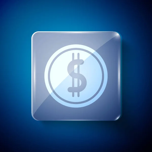 白色硬币货币与美元符号图标孤立在蓝色背景 银行货币标志 现金符号 方块玻璃面板 病媒图解 — 图库矢量图片