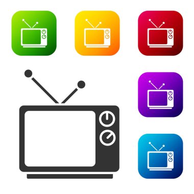 Siyah Retro TV simgesi beyaz arkaplanda izole edildi. Televizyon tabelası. Renkli kare düğmelerle simgeleri ayarla. Vektör İllüstrasyonu.