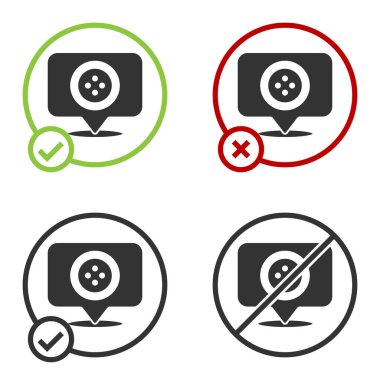 Siyah Konum terzi dükkânı simgesi beyaz arka planda izole edildi. Çember düğmesi. Vektör İllüstrasyonu.