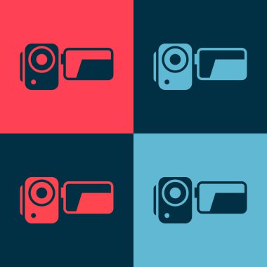 Pop Art Cinema kamera simgesi renk arkaplanda izole edildi. Video kamera. Film tabelası. Film projektörü. Vektör İllüstrasyonu.