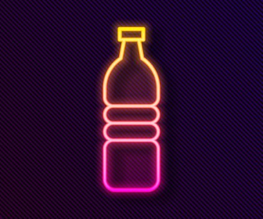 Parlayan neon hattı. Siyah arka planda izole edilmiş bir su ikonu şişesi. Soda su içme tabelası. Vektör İllüstrasyonu.