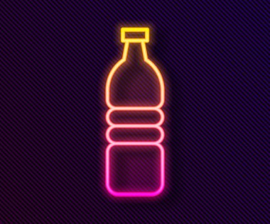 Parlayan neon hattı. Siyah arka planda izole edilmiş bir su ikonu şişesi. Soda su içme tabelası. Vektör İllüstrasyonu.