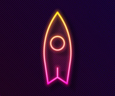 Parlayan neon çizgisi sörf tahtası simgesi siyah arkaplanda izole edildi. Sörf tahtası. Olağanüstü bir spor. Spor malzemeleri. Vektör İllüstrasyonu.