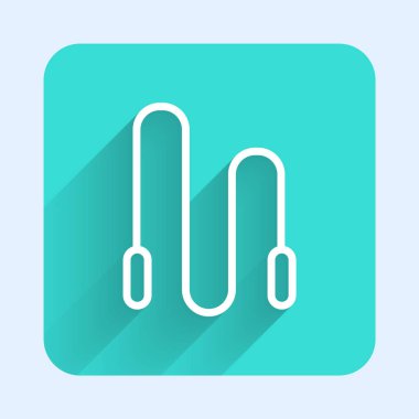 Beyaz çizgi atlama ipi simgesi uzun gölgeli izole edilmiş. İp atlıyorum. Spor malzemeleri. Yeşil kare düğmesi. Vektör İllüstrasyonu.