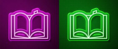 Parlayan neon çizgi açık kitap simgesi mor ve yeşil arkaplanda izole edildi. Vektör İllüstrasyonu.