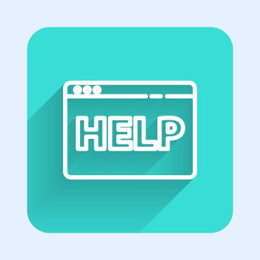 Beyaz çizgi Tarayıcı yardım simgesi uzun gölgeli izole. İnternet iletişim protokolü. Yeşil kare düğmesi. Vektör İllüstrasyonu.
