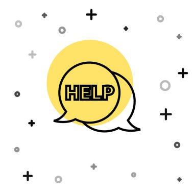 Metin içerikli siyah satır konuşma balonu beyaz arkaplanda izole edilmiş yardım simgesi. Rastgele dinamik şekiller. Vektör İllüstrasyonu.