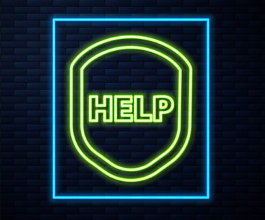 Parlayan neon hattı kalkanı ve metin yardımı simgesi tuğla duvar arka planında izole edildi. Gardiyan. Güvenlik, güvenlik, koruma, gizlilik kavramı. Vektör İllüstrasyonu.