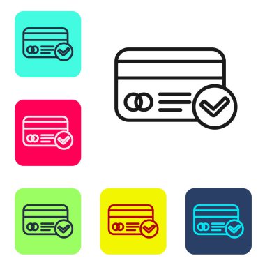 Siyah çizgi kredi kartı simgesi beyaz arkaplanda izole edildi. Çevrimiçi ödeme. Nakit çekilmesi. Finansal operasyonlar. Alışveriş tabelası. Renkli kare düğmelerle simgeleri ayarla. Vektör İllüstrasyonu.