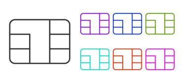 Beyaz arkaplanda çip simgesi olan siyah çizgi kredi kartı. Temassız ödeme. Simgeleri renklendirin. Vektör İllüstrasyonu.