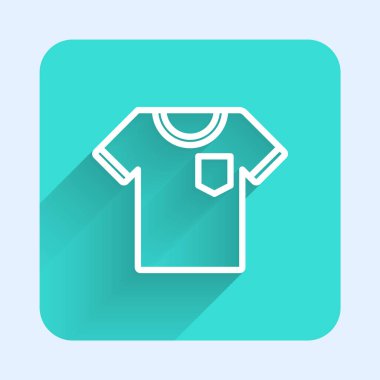 Uzun gölgeli beyaz çizgi tişört ikonu. Yeşil kare düğmesi. Vektör İllüstrasyonu.