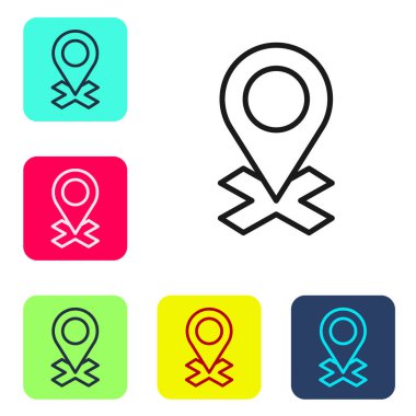 Siyah çizgi harita pin simgesi beyaz arkaplanda izole edildi. Navigasyon, işaret, konum, harita, GPS, yön, yer, pusula, arama konsepti. Renkli kare düğmelerle simgeleri ayarla. Vektör İllüstrasyonu.