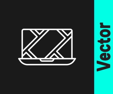 Şehir haritası yön bulma simgesinin beyaz çizgi bilgileri siyah arkaplanda izole edildi. Laptop Uygulama Arayüzü tasarımı. Yer belirleme konsepti. Vektör İllüstrasyonu.