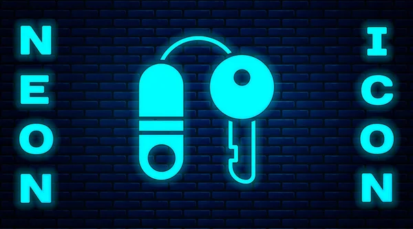 Glowing Neon House Key Icon Isolated Brick Wall Background Concept — Stock Vector