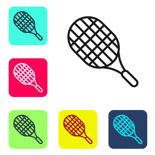 黑线网球球拍图标孤立在白色背景 运动器材 在彩色正方形按钮中设置图标 病媒图解 — 图库矢量图片