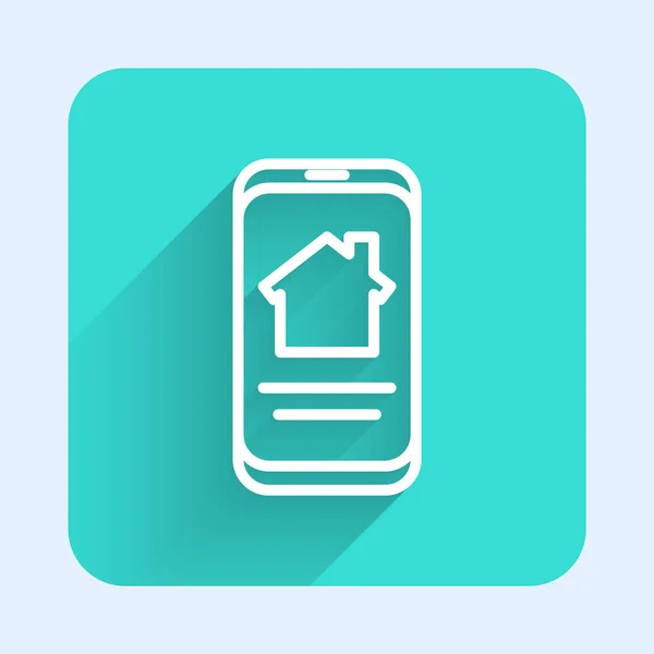 在智能手机图标上的白线在线房地产房子与很长的阴影隔离 住房贷款的概念 购买房产 绿色正方形按钮 病媒图解 — 图库矢量图片