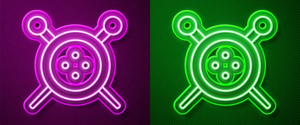 Žhnoucí Neonová Čára Ikona Našívání Knoflíků Pletacích Jehel Izolovaná Fialovém — Stockový vektor