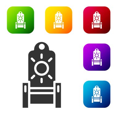 Siyah Ortaçağ taht simgesi beyaz arka planda izole edilmiş. Renkli kare düğmelerle simgeleri ayarla. Vektör.