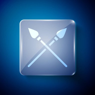 Beyaz Haç Ortaçağ mızrakları ikonu mavi arka planda izole edilmiş. Ortaçağ silahı. Kare cam paneller. Vektör.