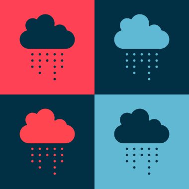 Renk arkaplanında yağmur ikonu olan pop sanat bulutu. Yağmur damlaları ile yağmur bulutu yağışı. Vektör.