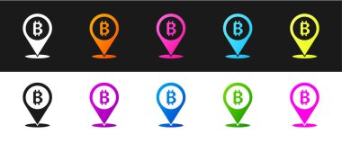 Siyah ve beyaz arkaplanda izole edilmiş bitcoin konum simgesini ayarla. Madeni para. Engelleme zinciri tabanlı şifreli para birimi. Vektör.