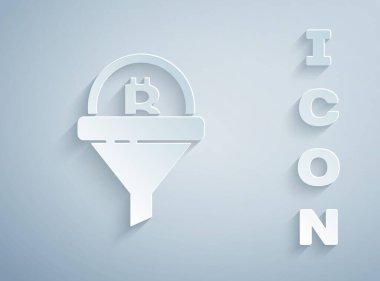 Gri arkaplanda bitcoin simgesi olan kağıt kesiği satış hunisi. Bilgi şablonu. Kağıt sanatı tarzı. Vektör.